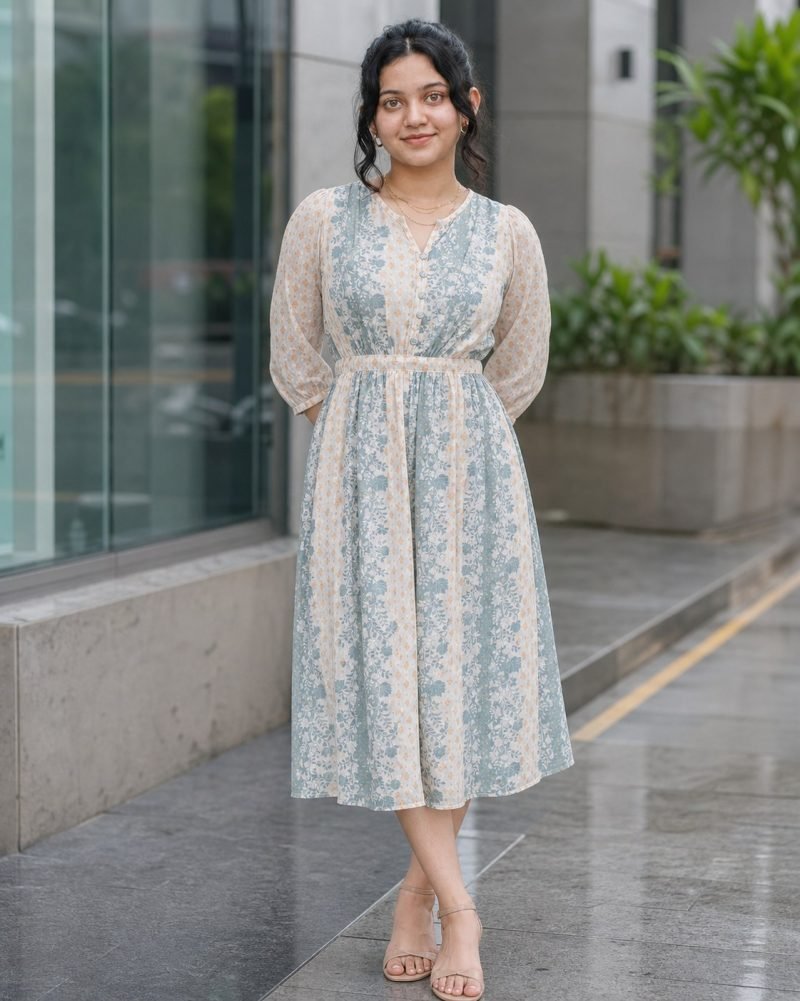 Misty Morning Blue Floral Stripe Georgette Midi Dress – Dusty Blue – view 5