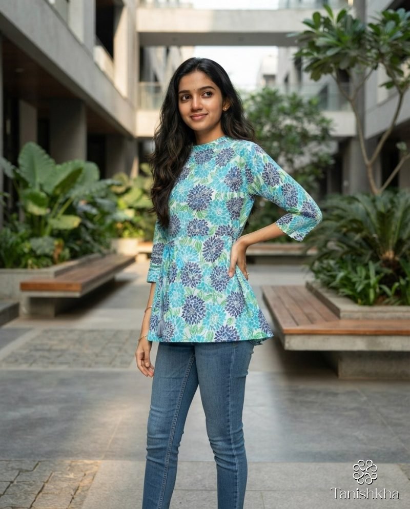 Aqua Dahlia Floral Cotton Peplum Top – White & Aqua – view 3