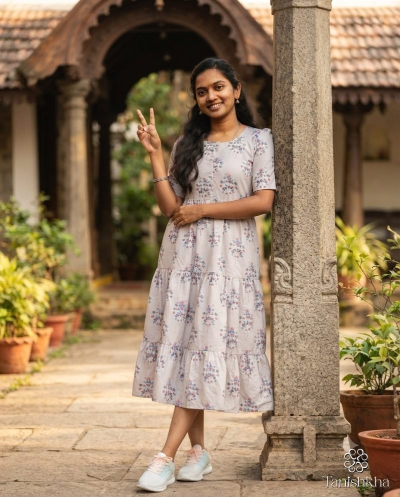 Blossom Tier Floral Rayon Midi Dress – Grey – view 2