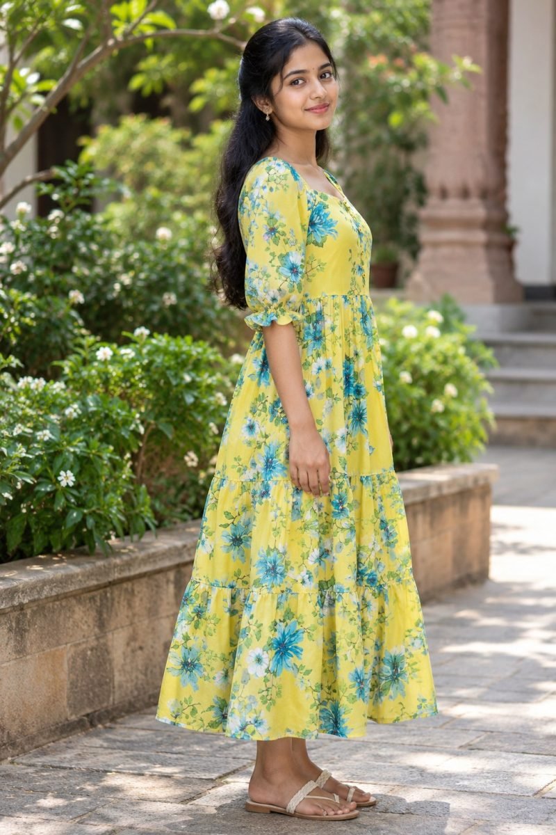 Sunlit Bloom Georgette Midi Dress – Yellow – view 4