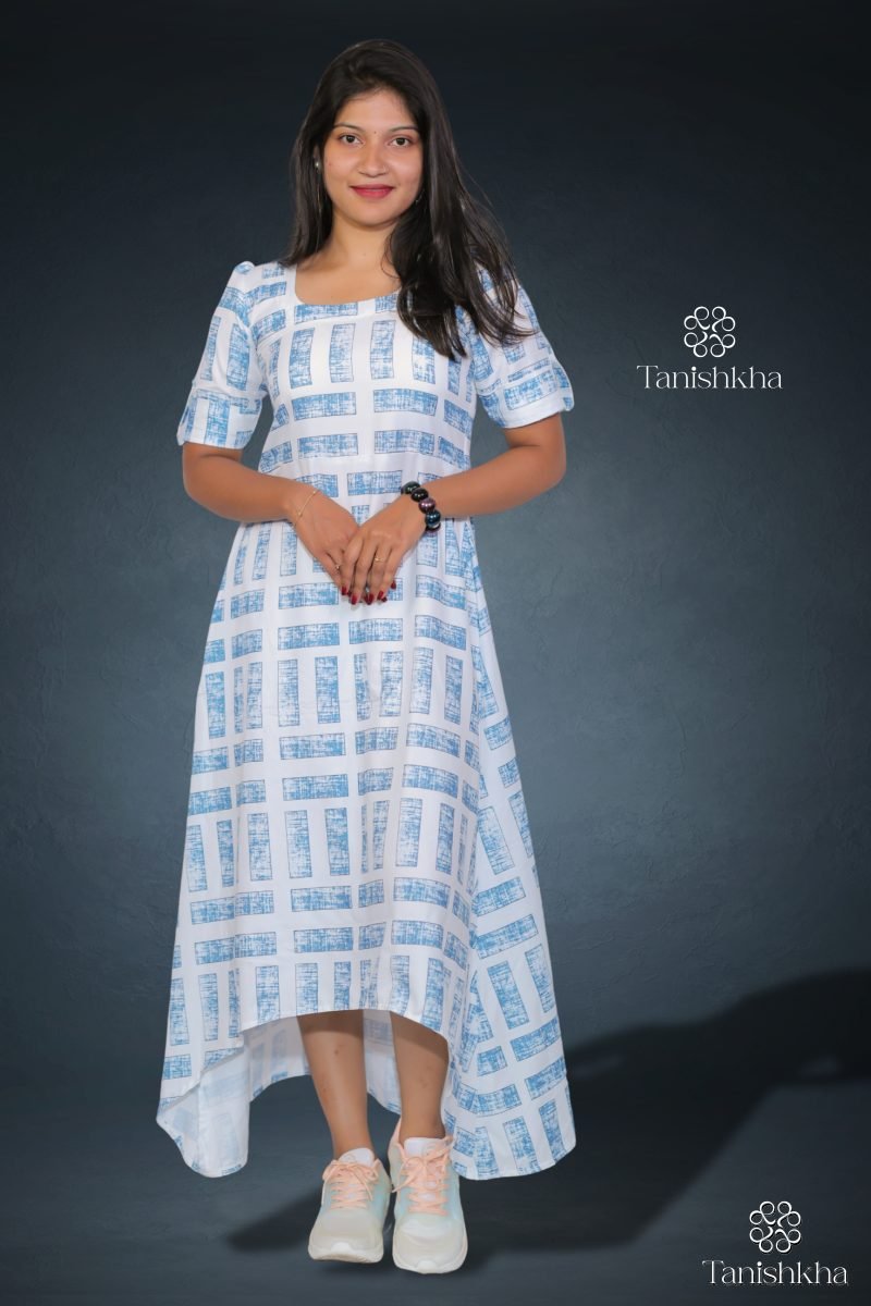 Urban Checkmate Blue Check Rayon Dress – Blue and White – view 7