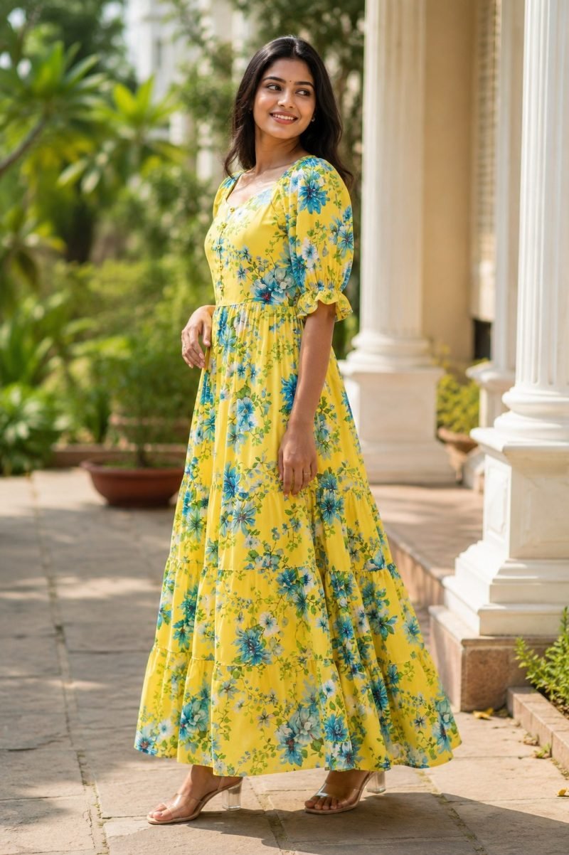 Sunlit Bloom Georgette Midi Dress – Yellow – view 2
