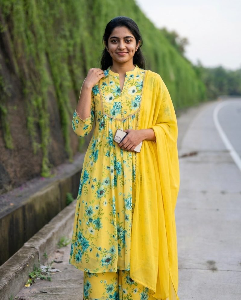 Lemon Meadow Yellow Floral Georgette Kurta Set with Dupatta – Yellow – view 2