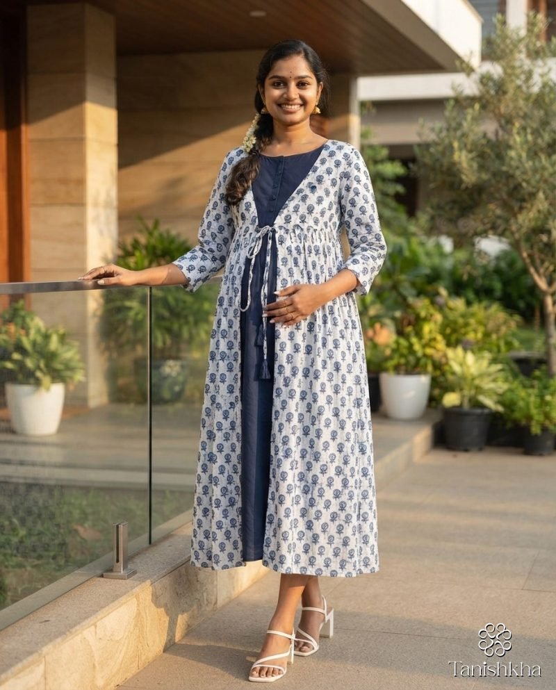 Indigo Buti Layered Maternity Maxi Dress – Blue & White – view 2