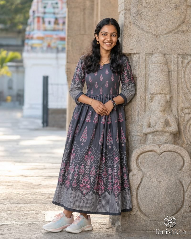 Royal Mughal Grace Printed Swiss Cotton Dress – Dark Ash Grey – view 3