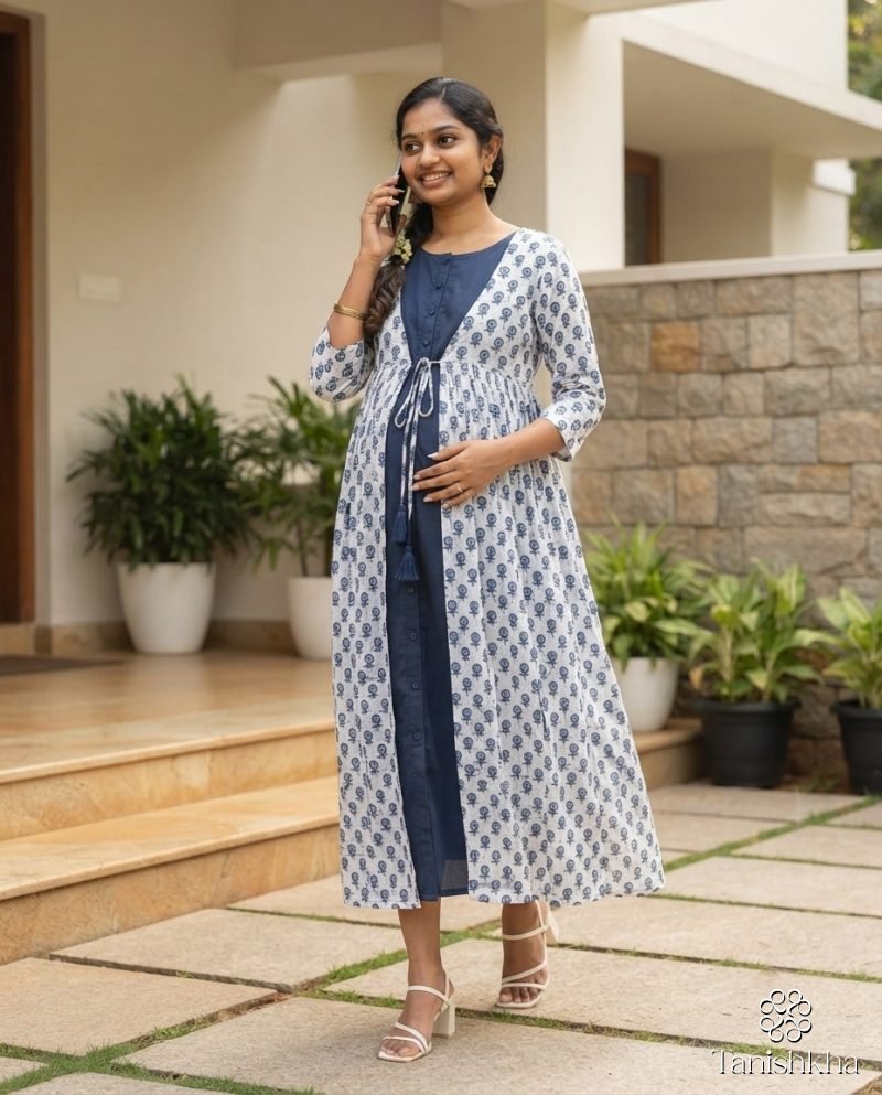 Indigo Buti Layered Maternity Maxi Dress – Blue & White – view 5