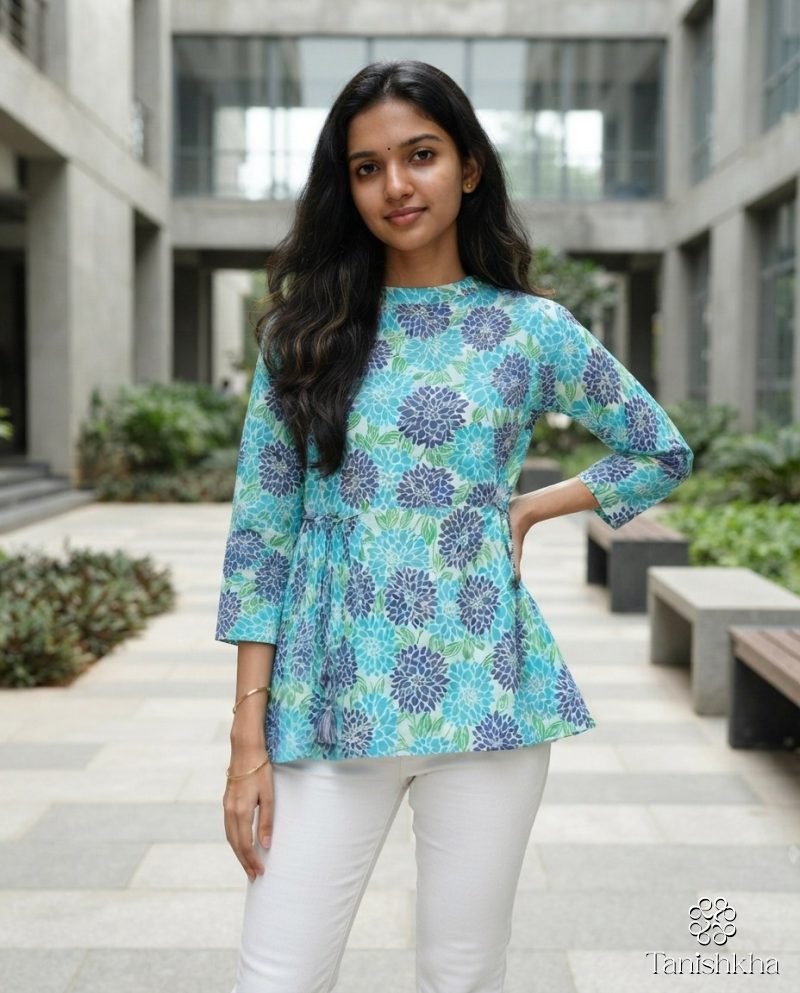 Aqua Dahlia Floral Cotton Peplum Top – White & Aqua – view 11