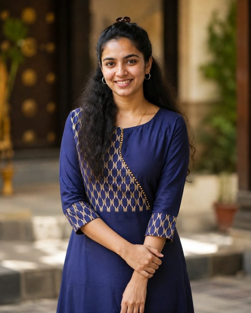 Indigo Lattice Gold Print Long A-Line Kurti – Navy Blue – view 2