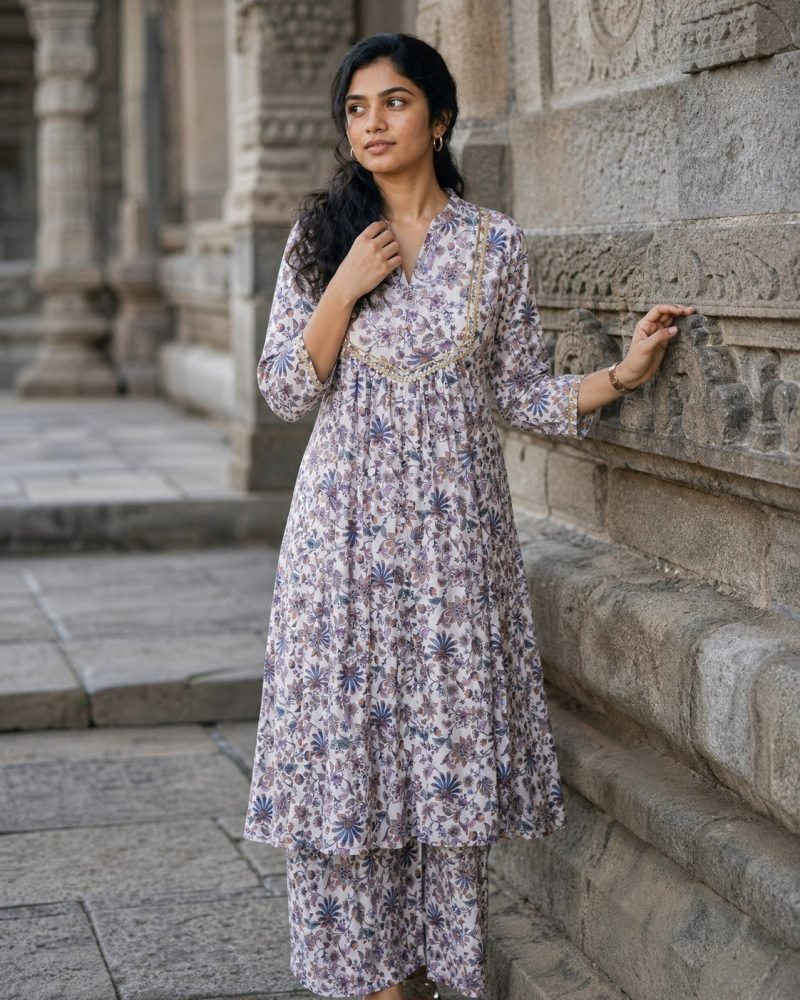 Lavender Trellis Floral Georgette Kurta Set with Dupatta – Lavender – view 5