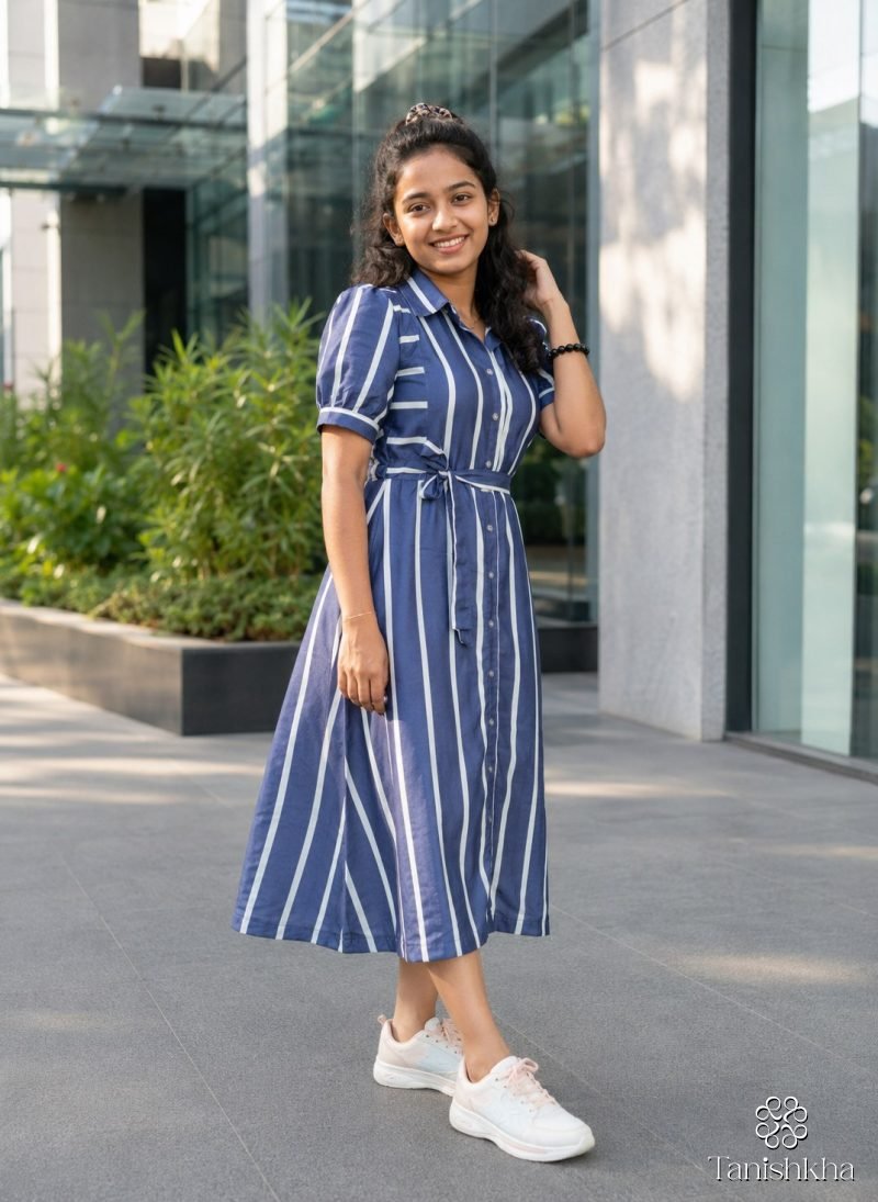 Indigo Stride Striped Rayon Shirt Dress – Navy Blue – view 6