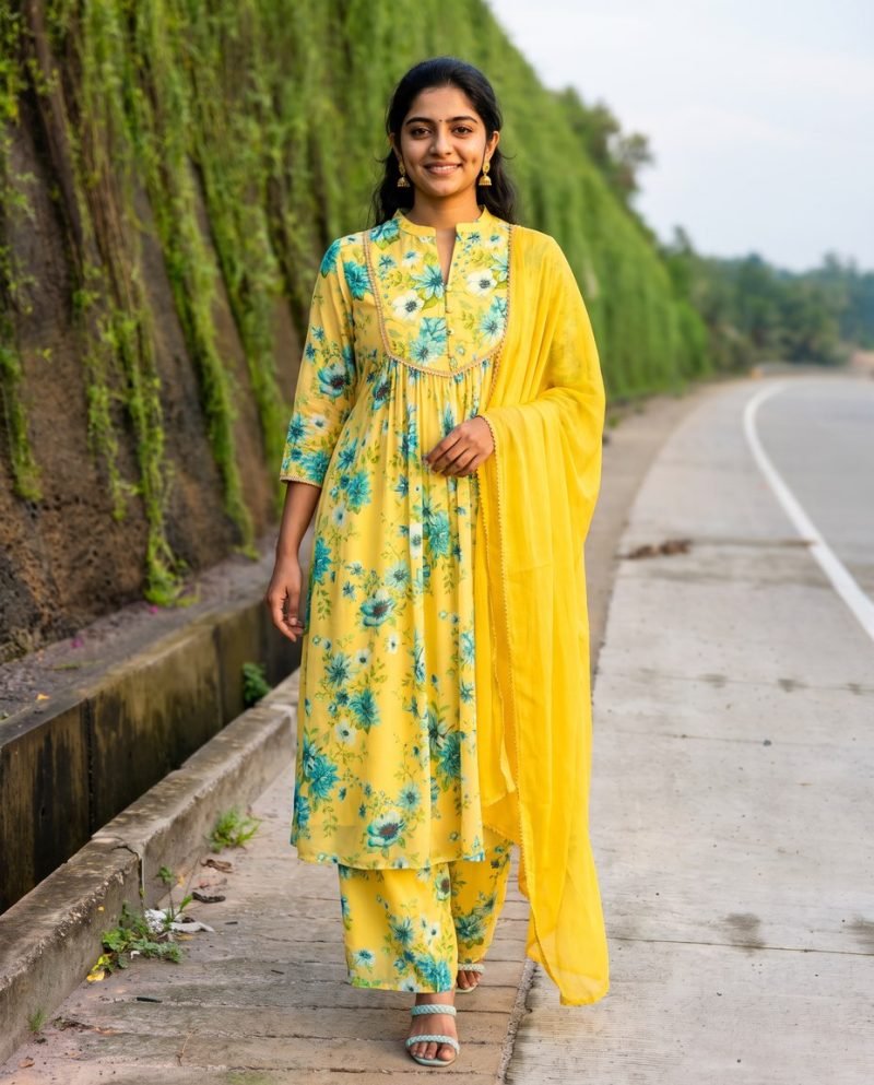 Lemon Meadow Yellow Floral Georgette Kurta Set with Dupatta – Kurti Set