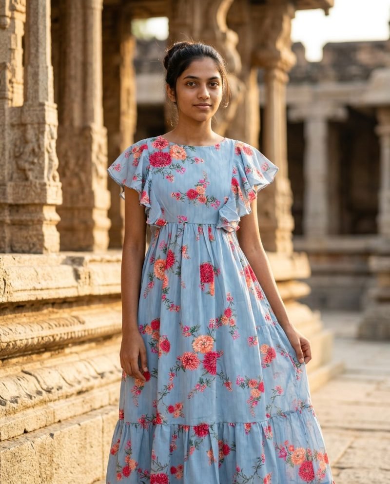 Rose Garden Blue Floral Georgette Maxi Dress – Dress