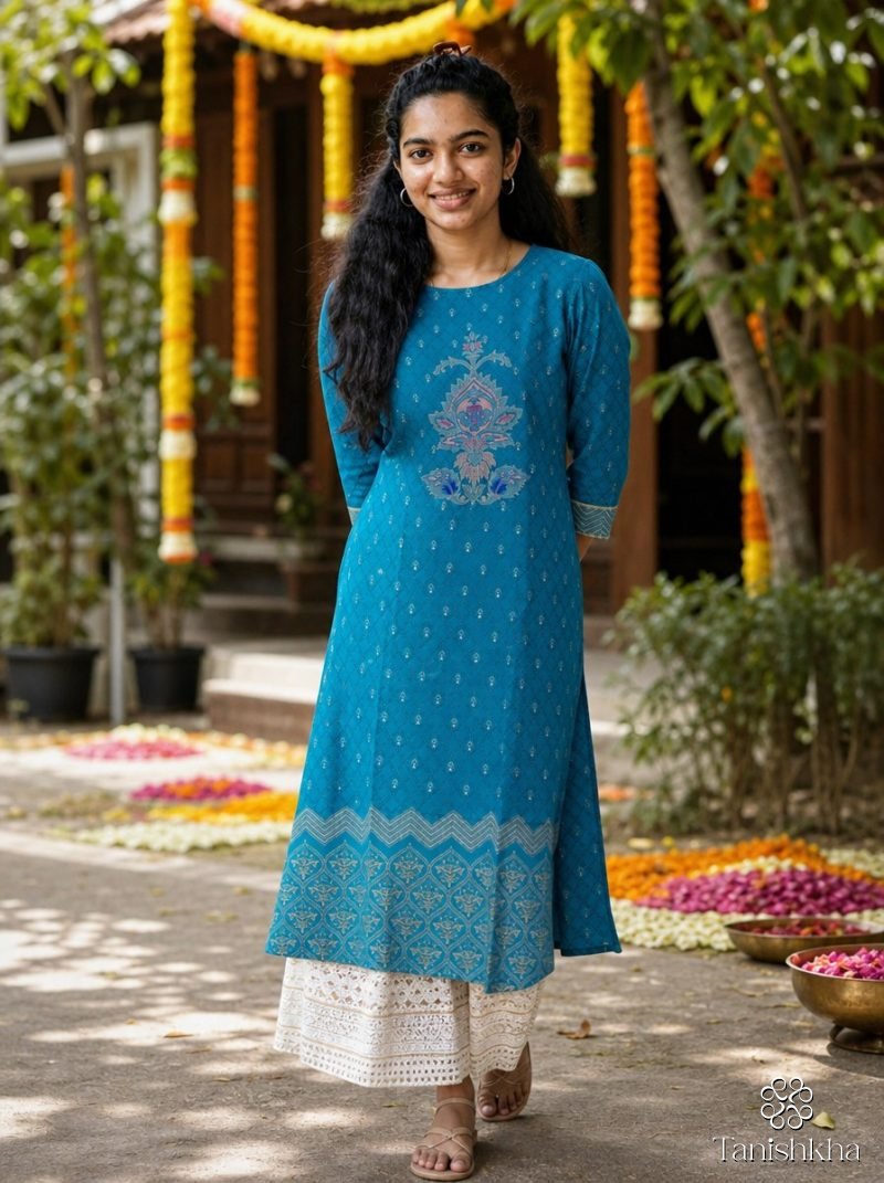 Peacock Blue Motif Print Straight Kurta Palazzo Set – Peacock Blue – view 5