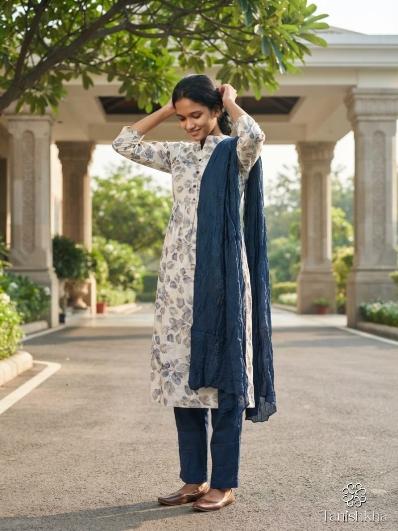 Ivory Leaf Print Kurta Set with Navy Dupatta – Ivory & Navy – view 9