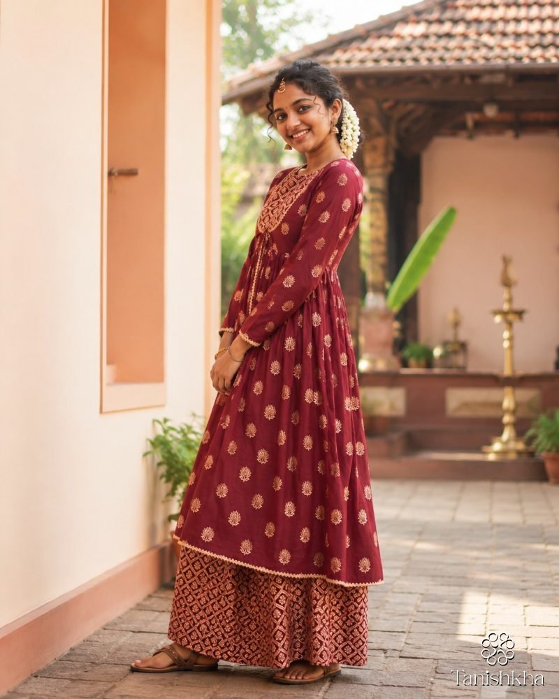 Maroon Regalia Gold Buti Anarkali Kurta Palazzo Set – Maroon – view 4