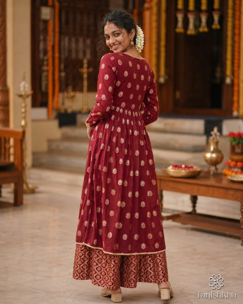 Maroon Regalia Gold Buti Anarkali Kurta Palazzo Set – Maroon – view 5