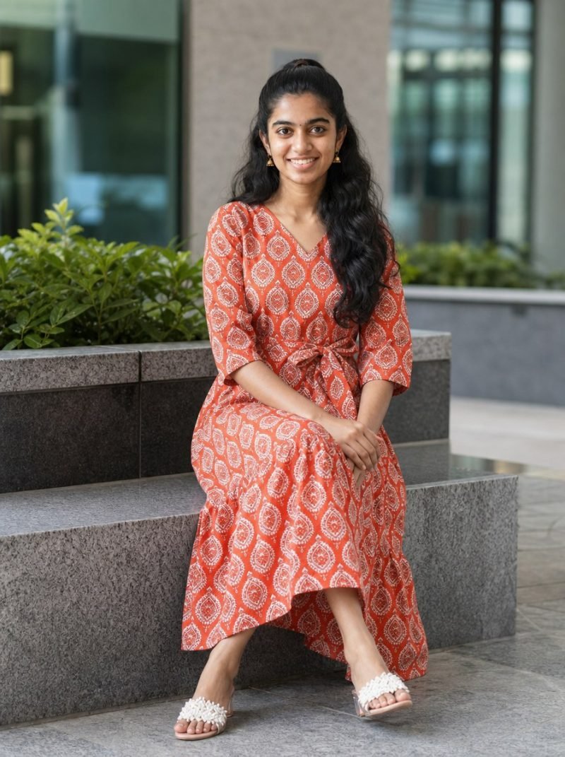 Coral Motif Ethnic Print Cotton Midi Dress – Coral Orange – view 6