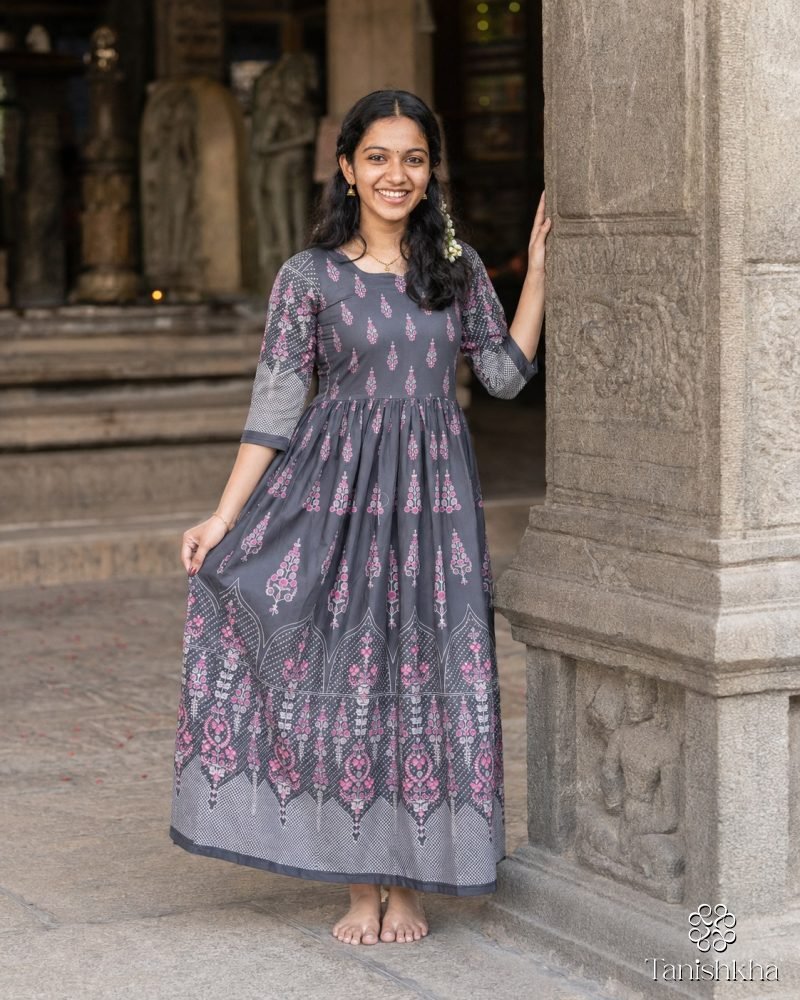 Royal Mughal Grace Printed Swiss Cotton Dress – Dress, Dark Ash Grey #4A4A52