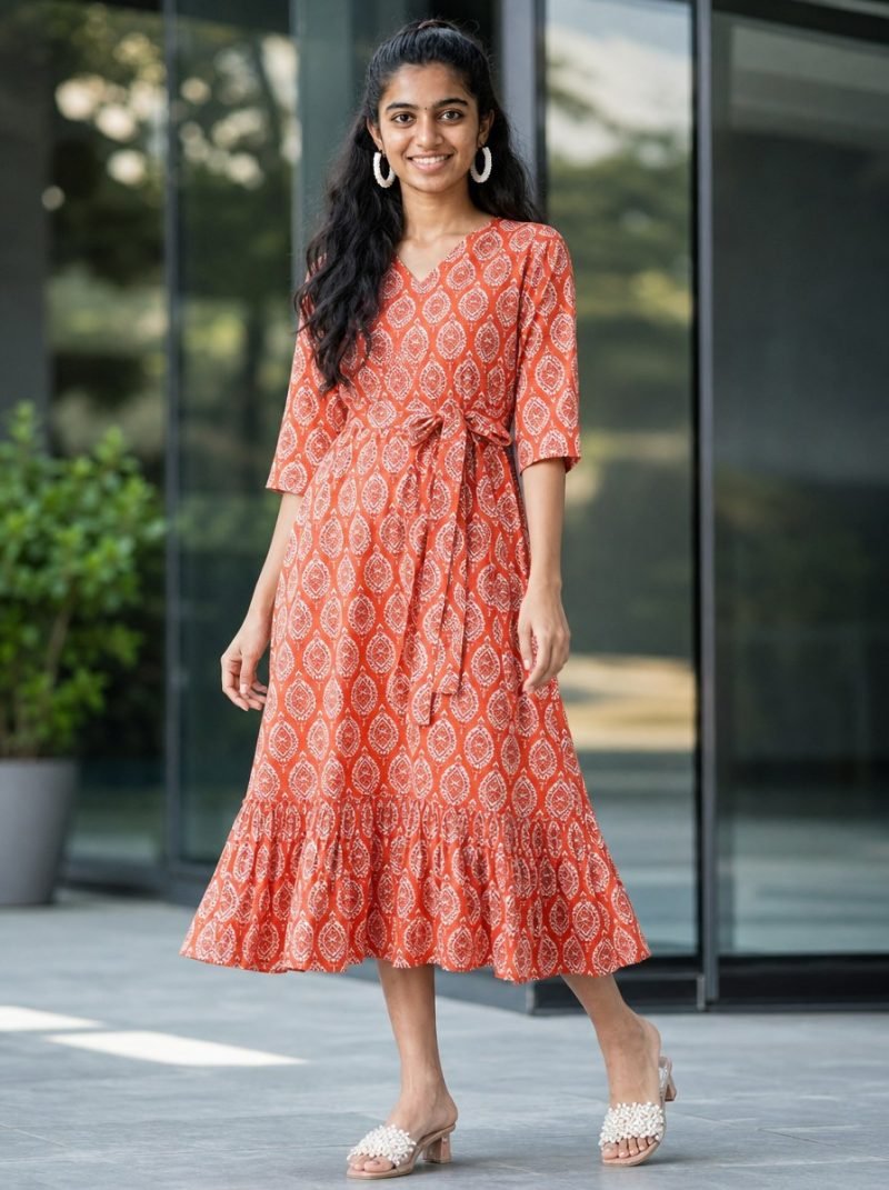 Coral Motif Ethnic Print Cotton Midi Dress – Dress