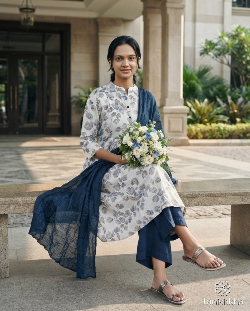 Ivory Leaf Print Kurta Set with Navy Dupatta – Ivory & Navy – view 6