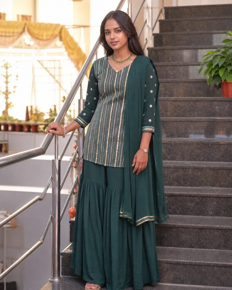 Emerald Evening Bottle Green Georgette Sharara Set – Bottle Green – view 5