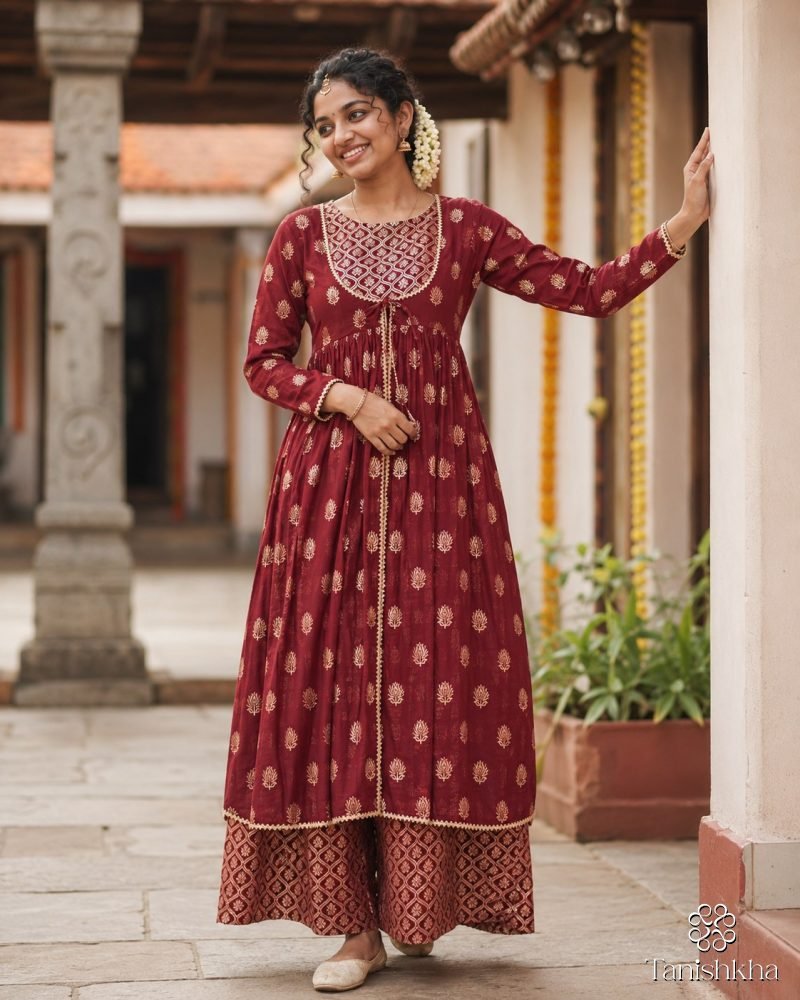 Maroon Regalia Gold Buti Anarkali Kurta Palazzo Set – Maroon – view 3