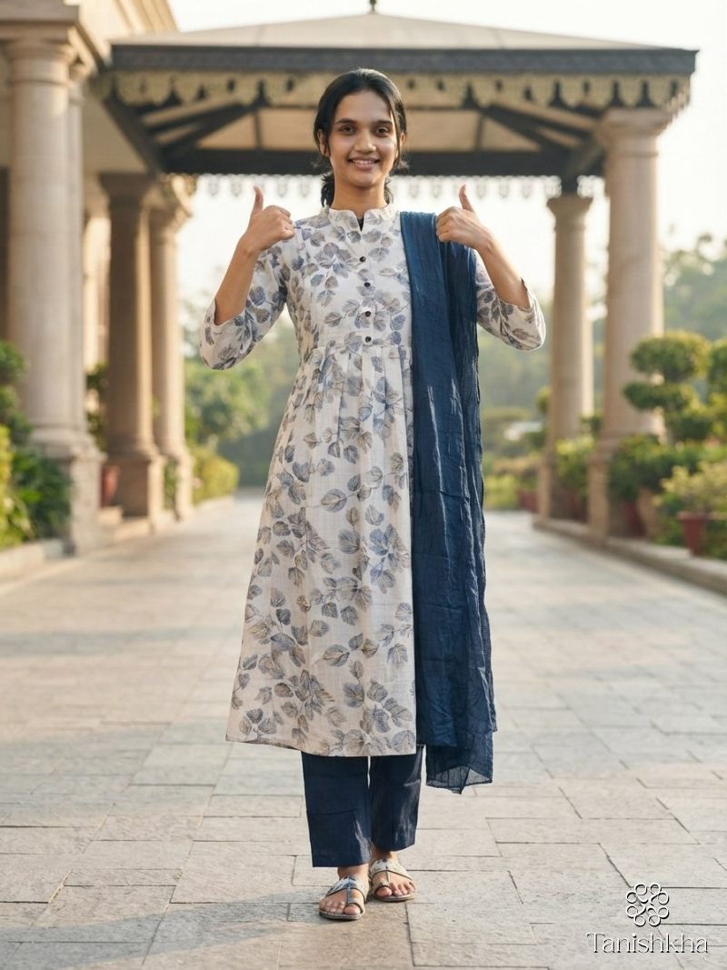 Ivory Leaf Print Kurta Set with Navy Dupatta – Ivory & Navy – view 5