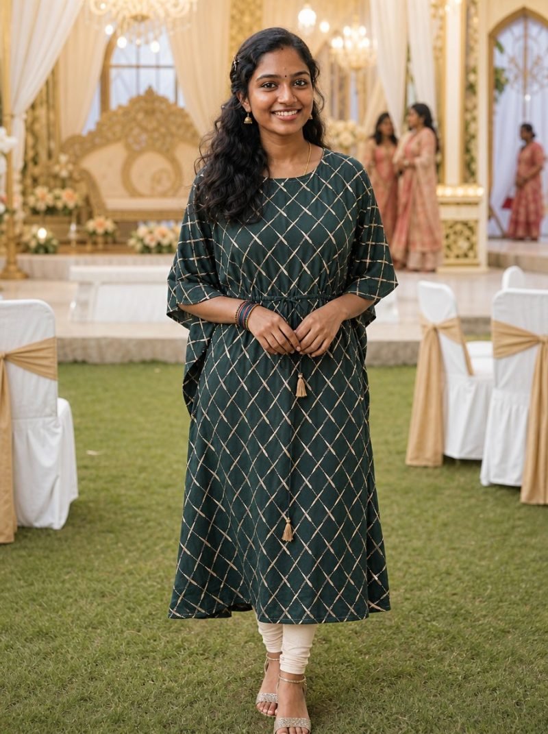 Emerald Check Gold Print Georgette Kaftan Kurti – Kurti