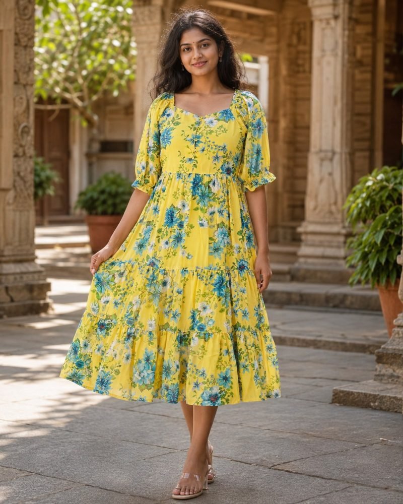 Sunlit Bloom Georgette Midi Dress – Dress