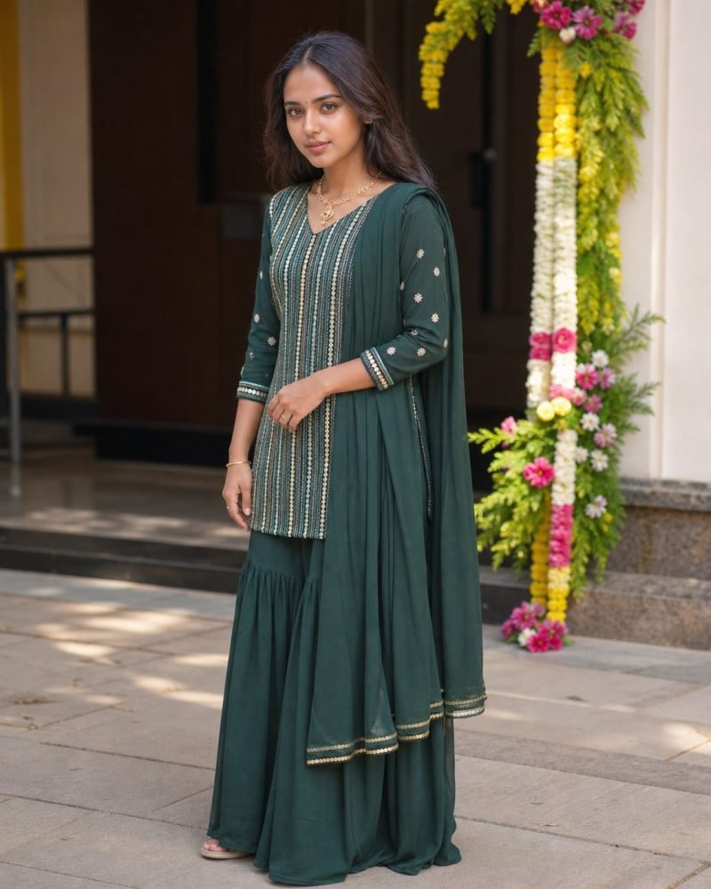 Emerald Evening Bottle Green Georgette Sharara Set – Bottle Green – view 3
