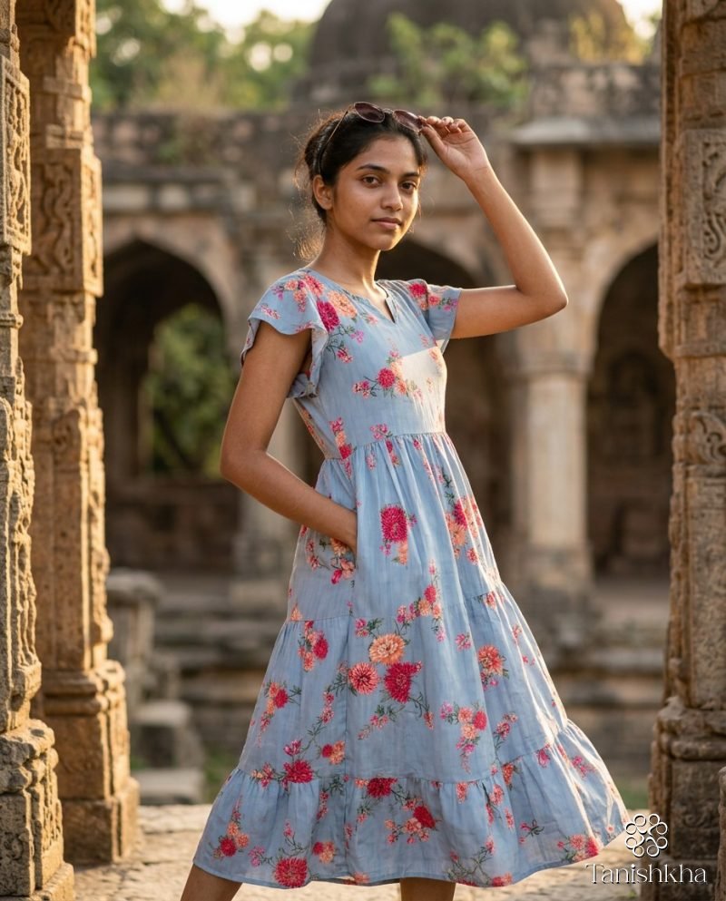 Rose Garden Blue Floral Georgette Maxi Dress – Powder Blue – view 5