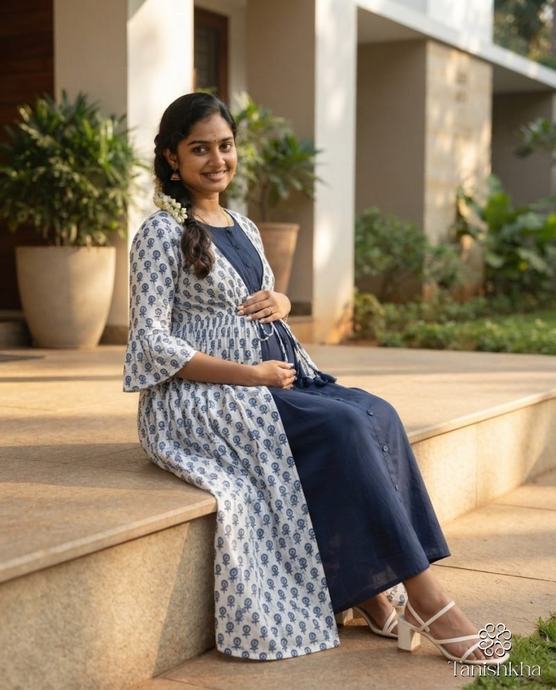 Indigo Buti Layered Maternity Maxi Dress – Blue & White – view 6