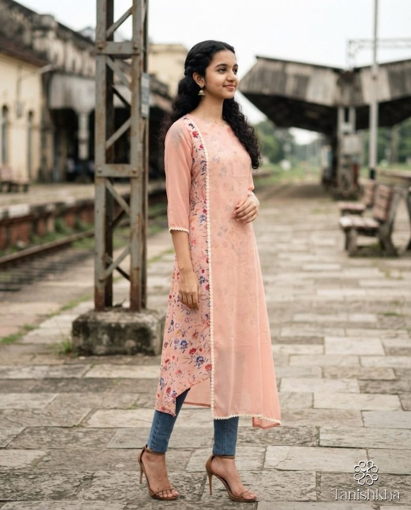 Peach Petal Floral Layered High-Low Kurti – Blush Peach – view 3