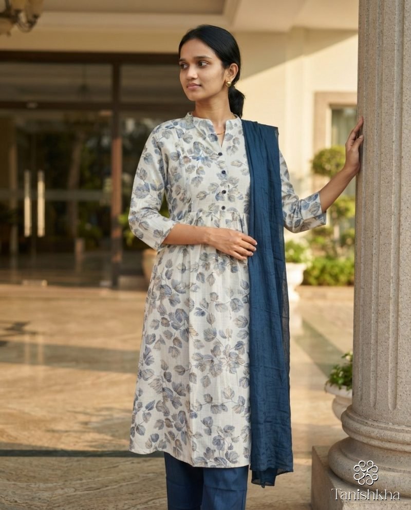 Ivory Leaf Print Kurta Set with Navy Dupatta – Ivory & Navy – view 10