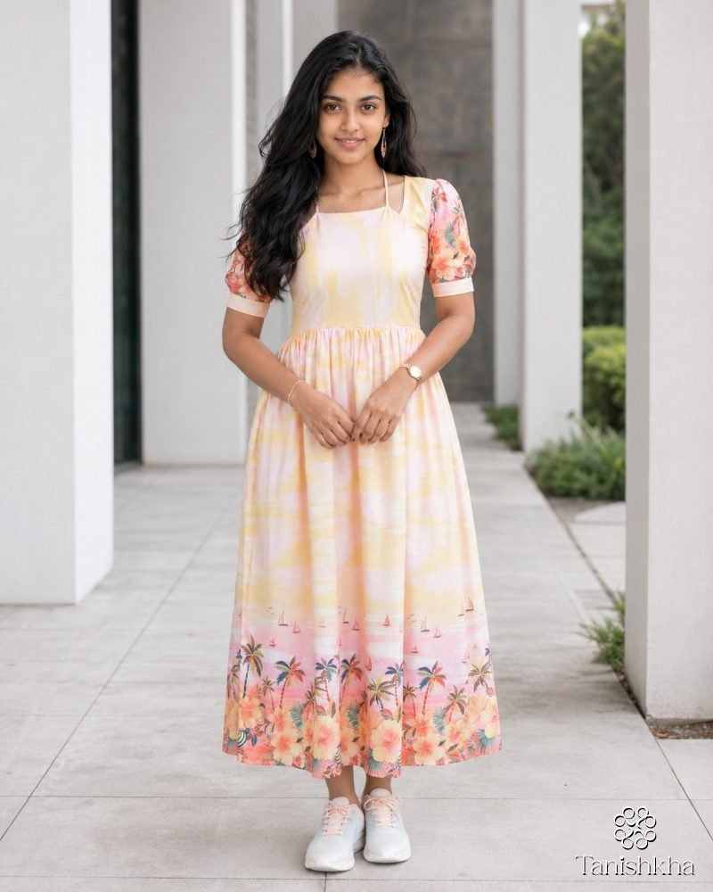 Tropical Sunset Printed Rayon Midi Dress – Peach Yellow – view 3