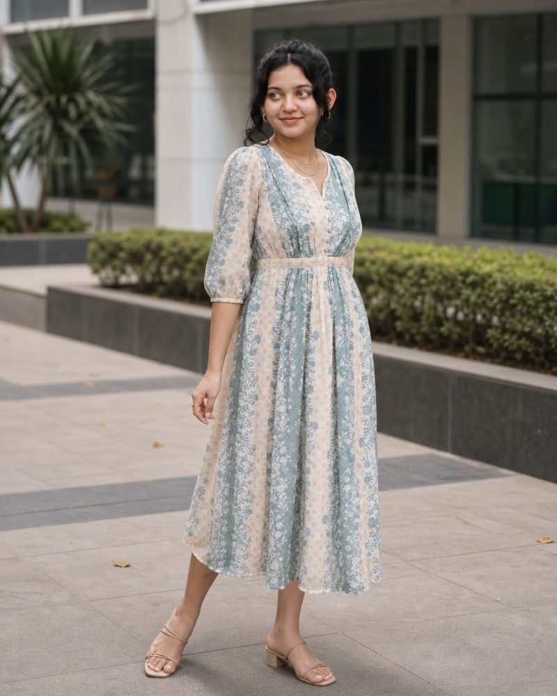 Misty Morning Blue Floral Stripe Georgette Midi Dress – Dusty Blue – view 7