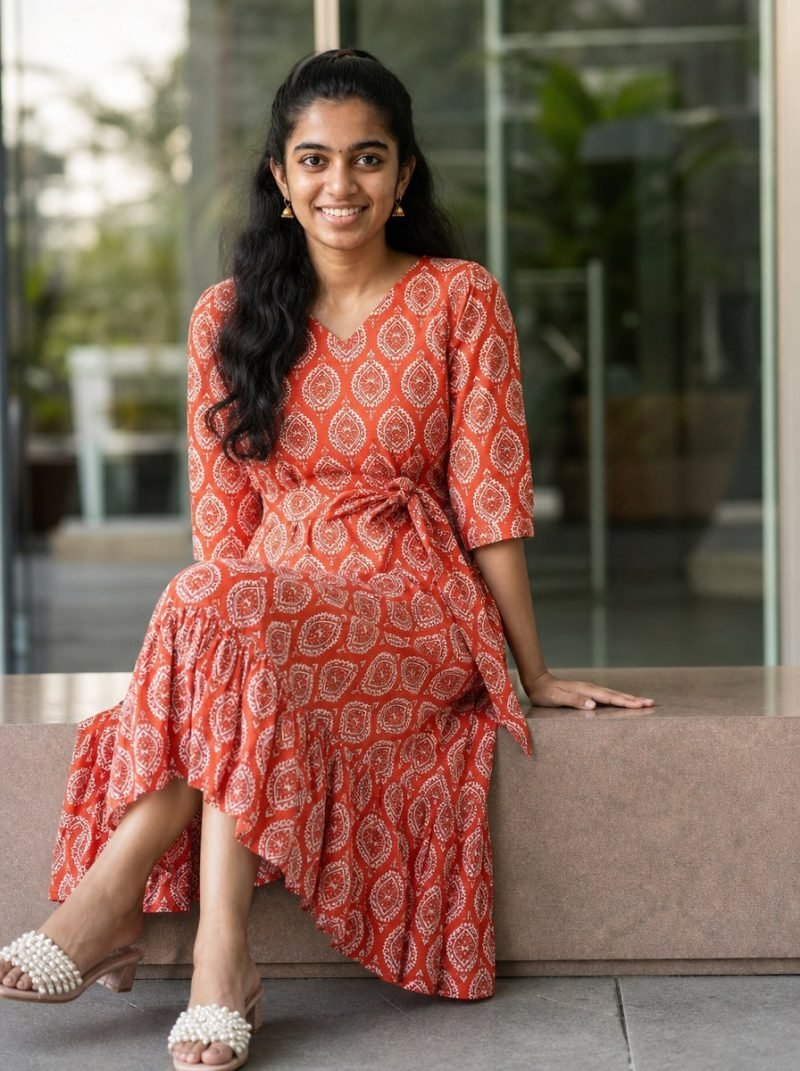 Coral Motif Ethnic Print Cotton Midi Dress – Coral Orange – view 7