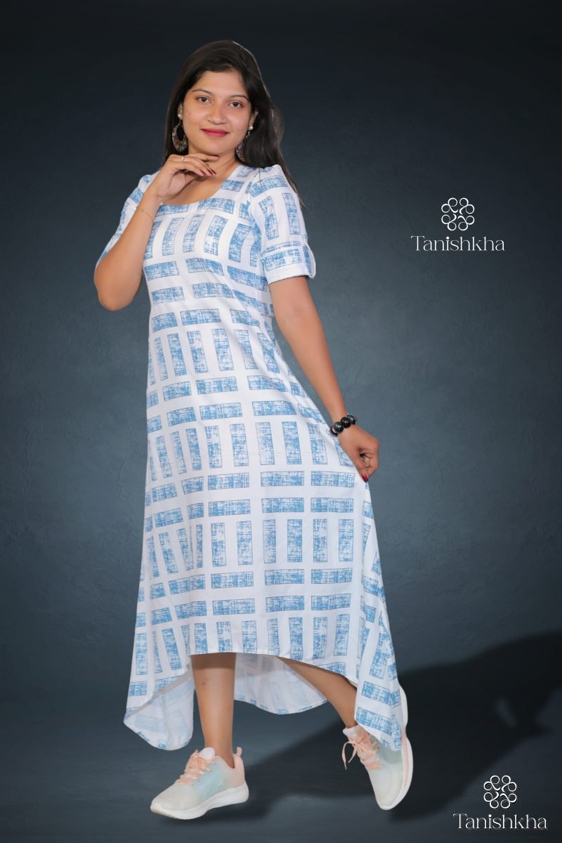 Urban Checkmate Blue Check Rayon Dress – Blue and White – view 5