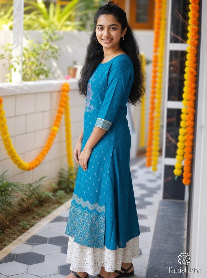 Peacock Blue Motif Print Straight Kurta Palazzo Set – Peacock Blue – view 3