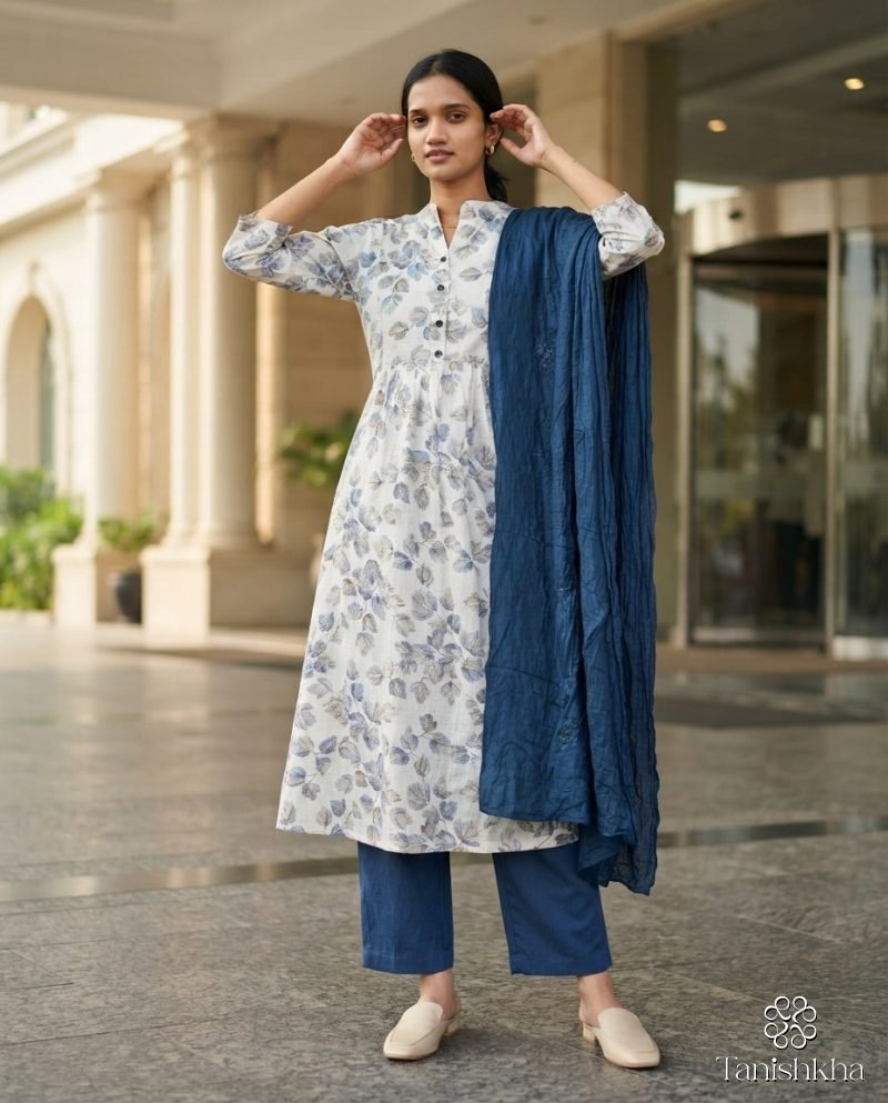 Ivory Leaf Print Kurta Set with Navy Dupatta – Ivory & Navy – view 2