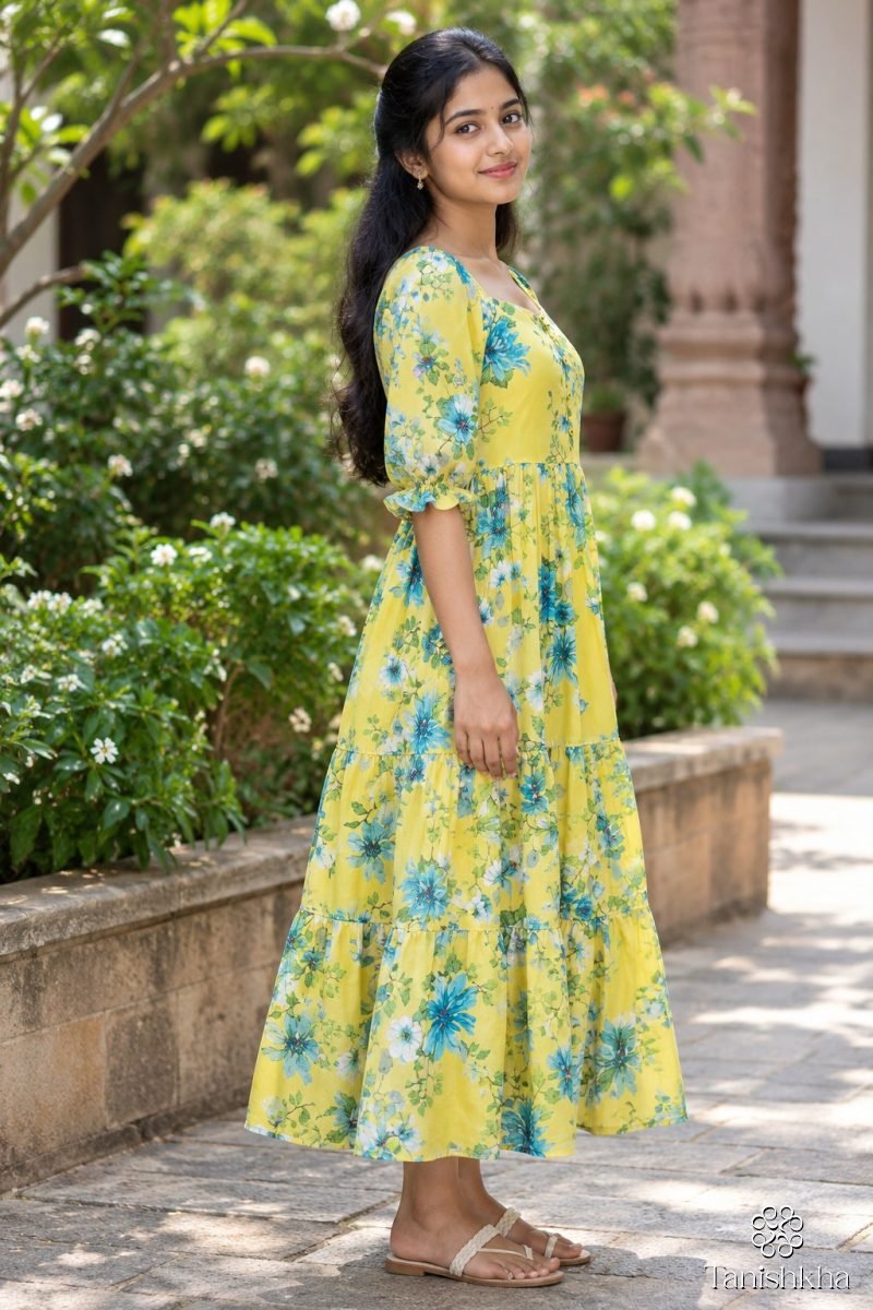 Sunlit Bloom Georgette Midi Dress – Yellow – view 4