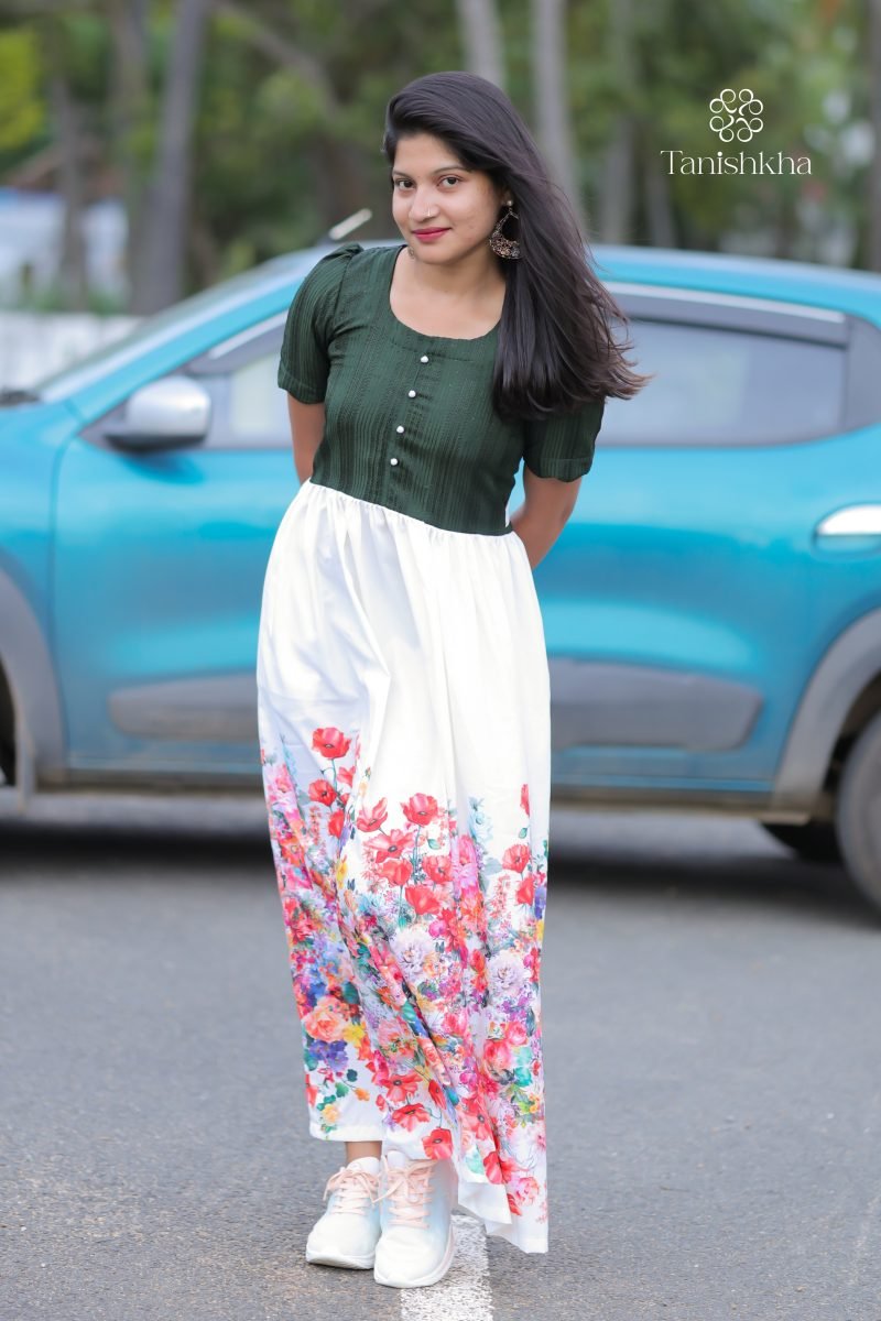 Floral Bliss – Dress, Bottle Green and White