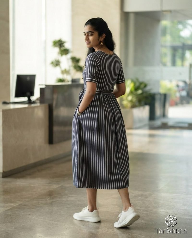 Urban Monochrome Striped Swiss Cotton Shirt Dress – Black and White – view 8