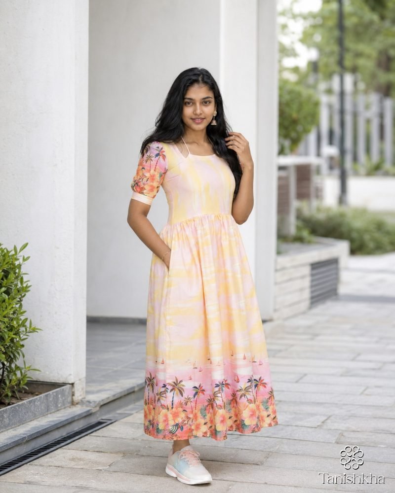 Tropical Sunset Printed Rayon Midi Dress – Peach Yellow – view 4