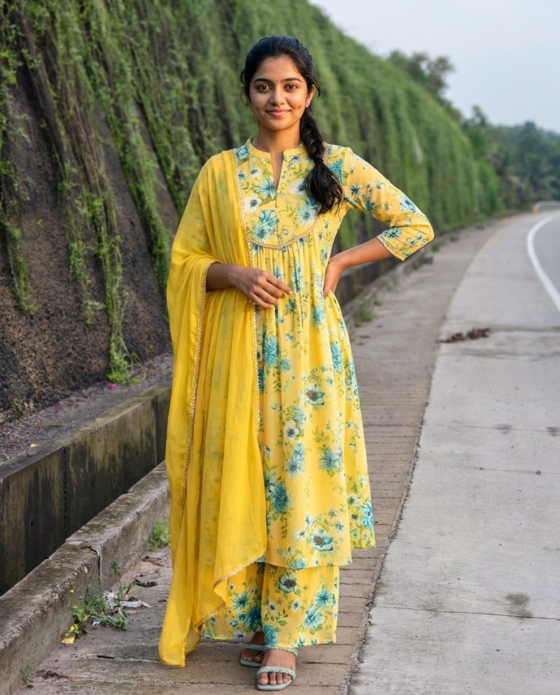 Lemon Meadow Yellow Floral Georgette Kurta Set with Dupatta – Yellow – view 7