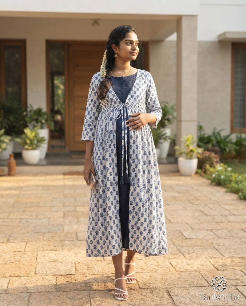 Indigo Buti Layered Maternity Maxi Dress – Blue & White – view 4