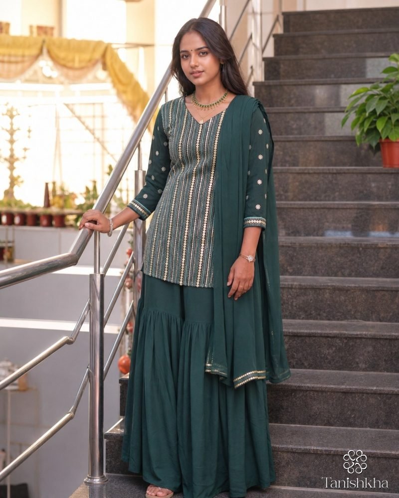 Emerald Evening Bottle Green Georgette Sharara Set – Bottle Green – view 5