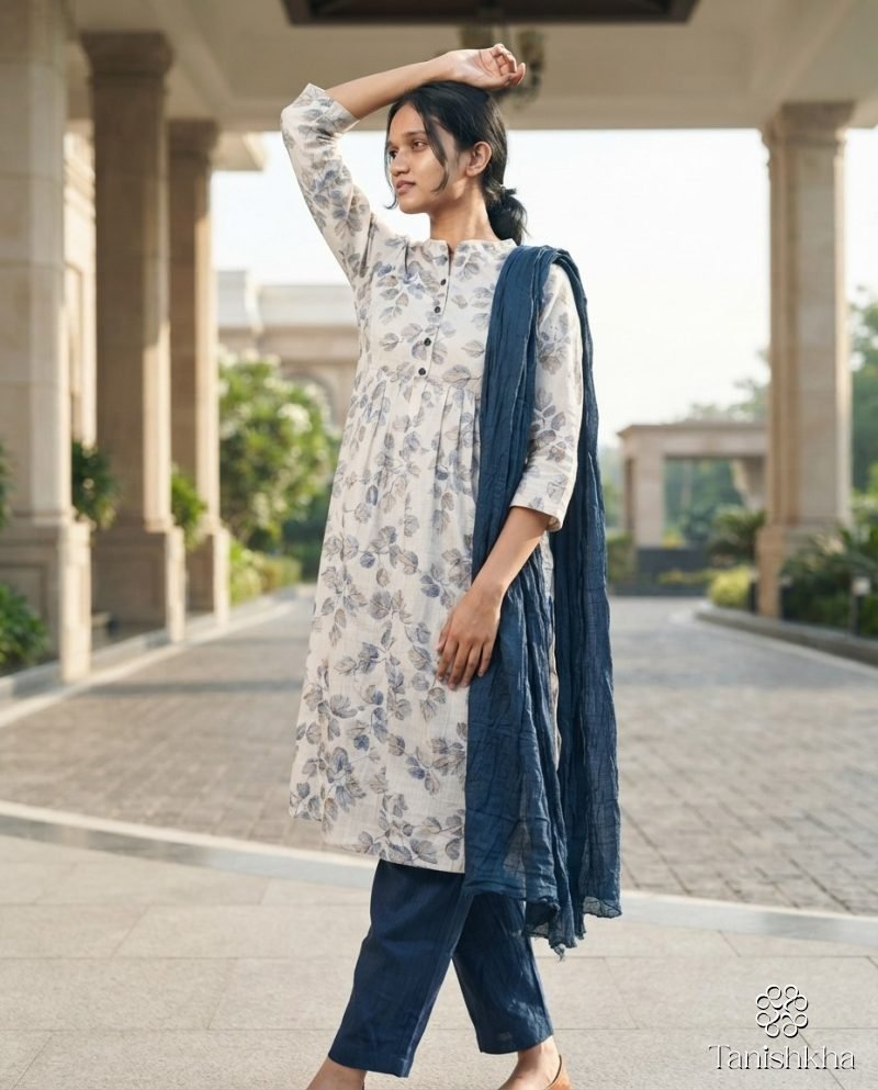 Ivory Leaf Print Kurta Set with Navy Dupatta – Ivory & Navy – view 4