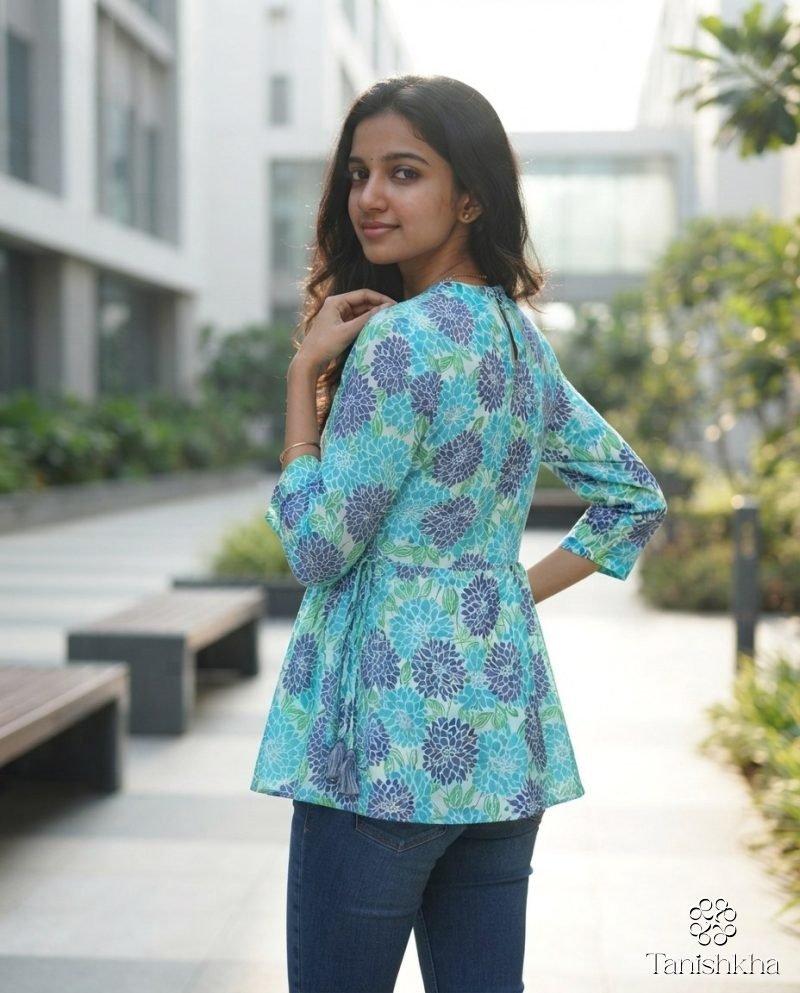 Aqua Dahlia Floral Cotton Peplum Top – White & Aqua – view 8