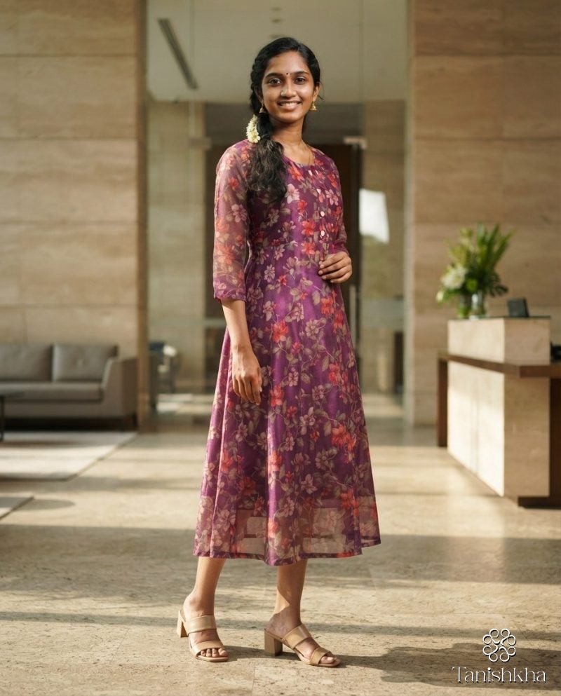 Plum Blossom Organza Fit and Flare Midi Dress – Plum Purple – view 3